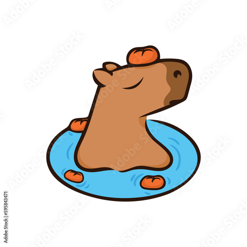 Relaxing capybara with tangerines. Vector illustration. Capybara in water. Image isolated on white background. Design element for decoration posters brochures menu banners notepads