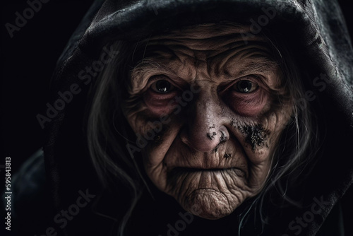 Close up portrait of an old evil witch woman isolated on black background, splatter horror, Halloween, generative ai