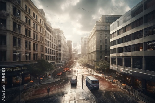 Artwork depicting urban landscape with architecture and pedestrian. Generative AI