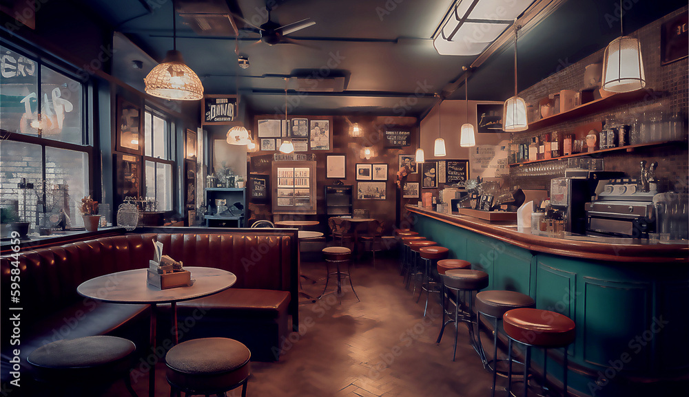 Fototapeta premium Empty cafe or bar interior, daytime, illustration, post processed AI generated image.