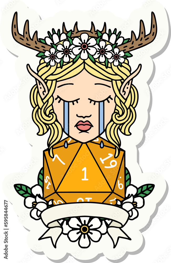 sticker of a sad elf druid character face with natural one D20 roll sticker of a sad elf druid character face with natural one D20 roll