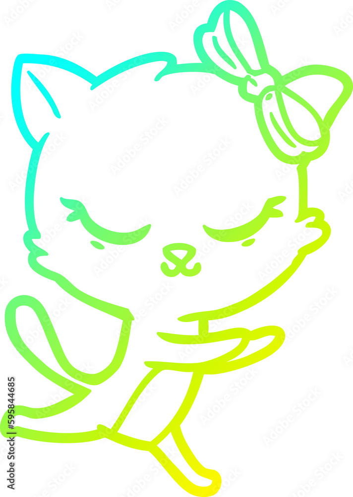cold gradient line drawing of a cute cartoon cat with bow cold gradient line drawing of a cute cartoon cat with bow