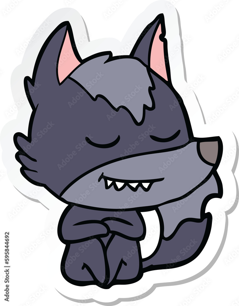 sticker of a friendly cartoon wolf sitting sticker of a friendly cartoon wolf sitting