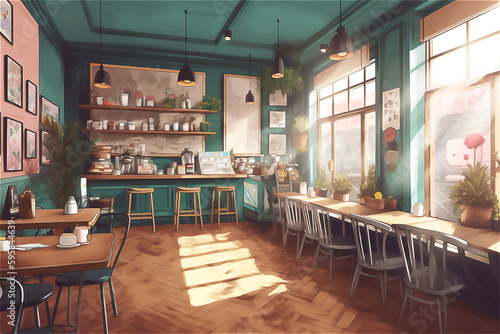 Empty cafe or bar interior, daytime, illustration, post processed AI generated image.