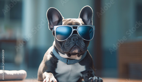 Cool gray and white french bulldog dog in blue modern sunglasses sitting at the table generative AI