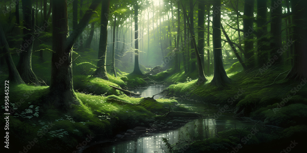 Fototapeta premium Enchanted Green Mystic Forest, Generative AI