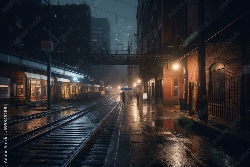 Rainy urban scenery illuminated by city lights. Generative AI