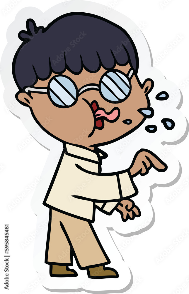 sticker of a cartoon boy wearing spectacles and making point