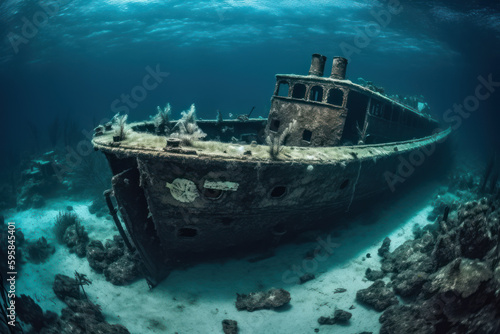 Lost relic, abandoned ship found submerged near corals and rocks - generative AI