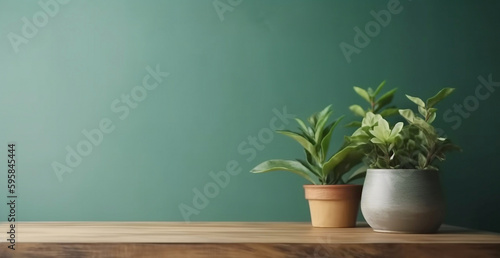 Empty wooden table with home plant decor over green wall background for product display