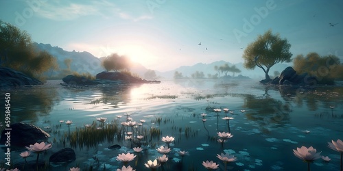Sunrise on the enigmatic beautiful lake in wildness nature, between mountains, autumn season concept, realistic photo illustration, generative ai © rvlsoft