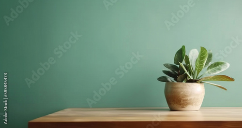 Empty wooden table with home plant decor over green wall background for product display