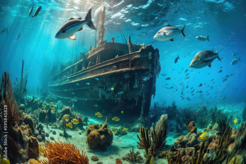 Fototapeta premium Discovering marine life, old ship found among coral and fish-generative AI