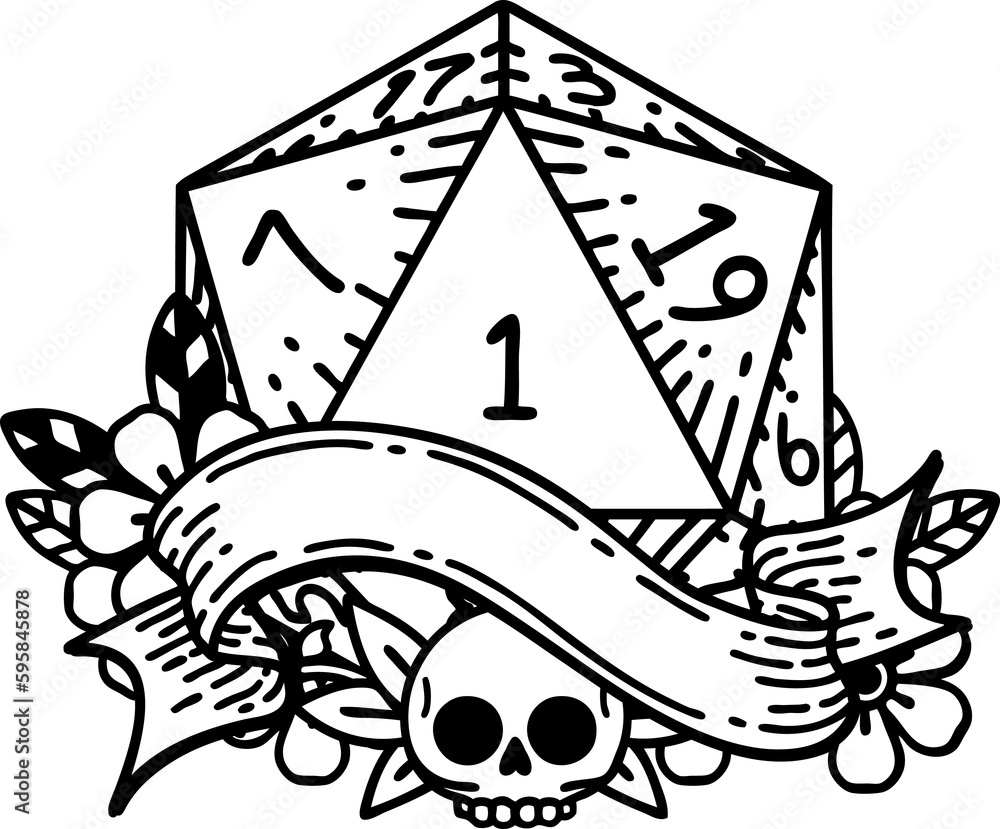 Black and White Tattoo linework Style natural one d20 dice roll