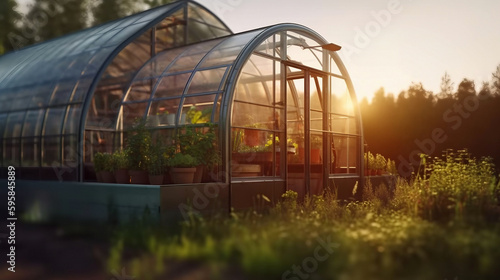 Futuristic Greenhouse in the Glow of the Evening Sun