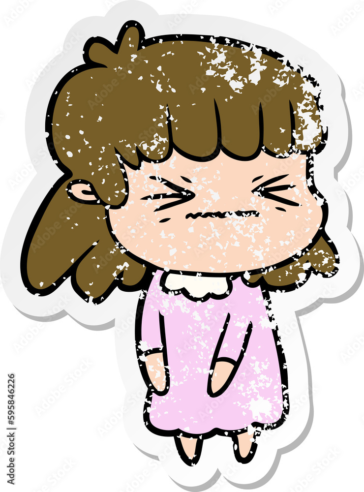 distressed sticker of a cartoon angry girl distressed sticker of a cartoon angry girl