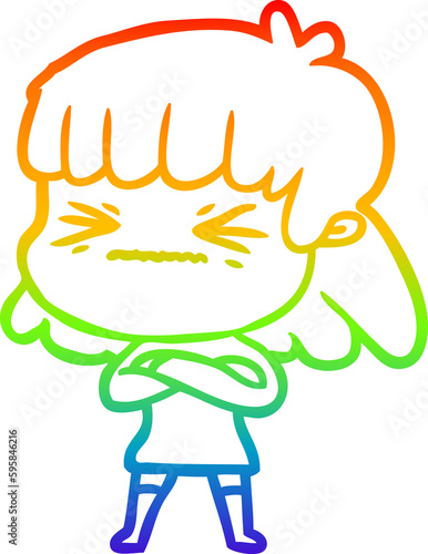 rainbow gradient line drawing of a cartoon stressed out woman