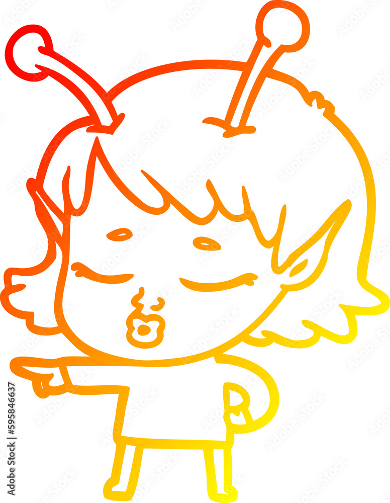 warm gradient line drawing of a cute alien girl cartoon pointing warm gradient line drawing of a cute alien girl cartoon pointing
