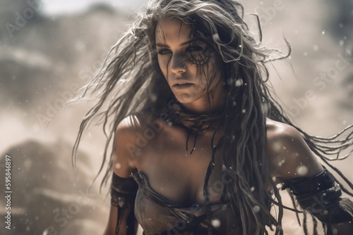 a evil mood female mage standing on a smoky battlefield. generative AI