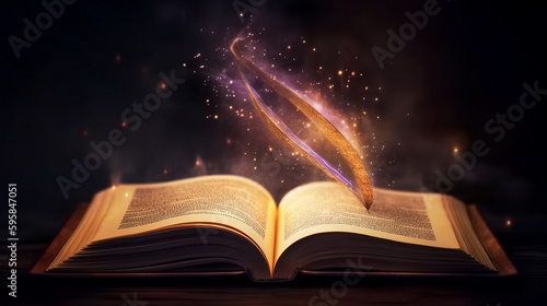 Magic Book With Open Pages And Lights Shining In Darkness Fairytale Concept