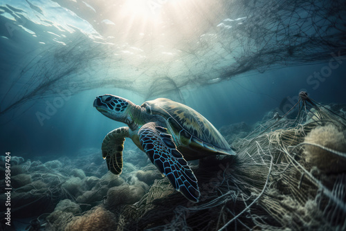 Majestic sea turtle swims through a sea of plastic pollution  highlighting impact of human activity on the natural world. The image is a call to action for environmental sustainability. AI Generative.