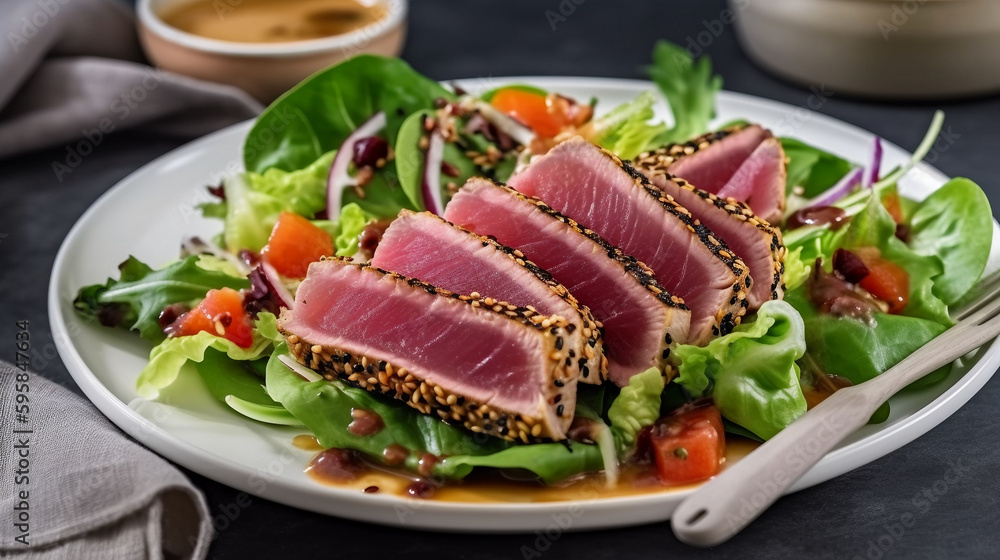 seared ahi tuna tataki salad on a plate