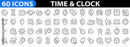 Time icon. Clock icon. 60 icon set Time & Clock. Simple Set of Time Related Vector Line Icons. Time clocks thin line icons. Time Inspection, Log, Calendar and more. Vector illustration