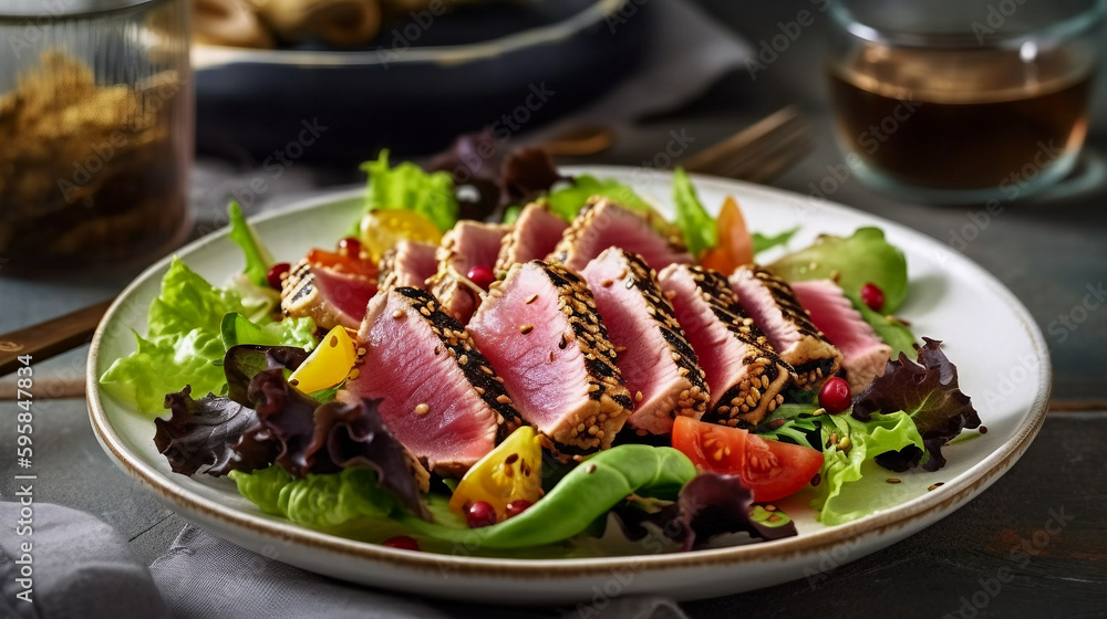 seared ahi tuna tataki salad on a plate seared ahi tuna tataki salad on a plate