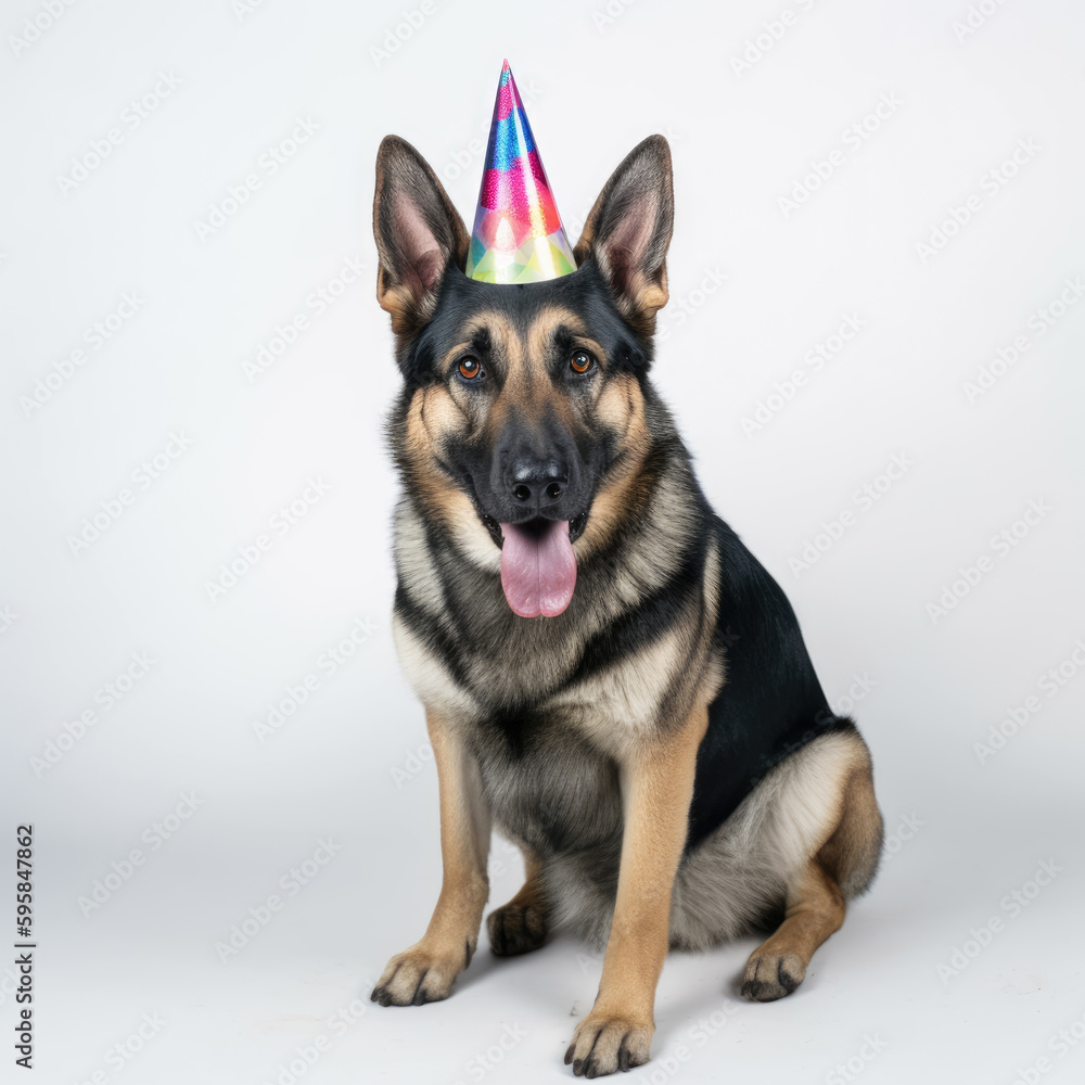 A Happy German Shepherd Dog Wearing A Party Hat On A White Background
