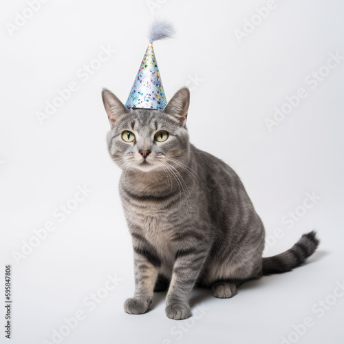 A cat wearing a birthday party hat photo