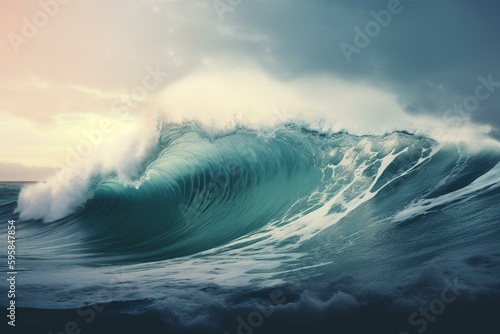 Illustration of a massive ocean wave forming into a tsunami. Generative AI
