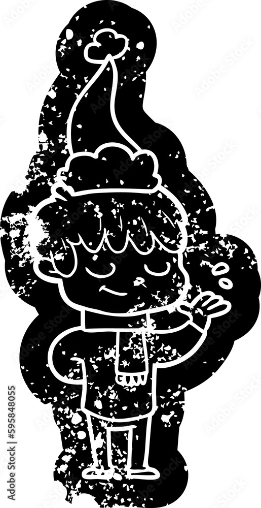 quirky cartoon distressed icon of a happy boy wearing santa hat quirky cartoon distressed icon of a happy boy wearing santa hat