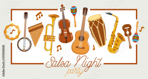 Latin music band salsa vector flat poster isolated over white background, live sound festival concert or night dancing party, Brazil or Cuban musical fiesta theme advertising flyer or banner.