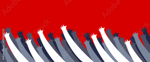 A lot of hands up crowd vector minimal design illustration, fan zone, prayers or beggars, poverty.