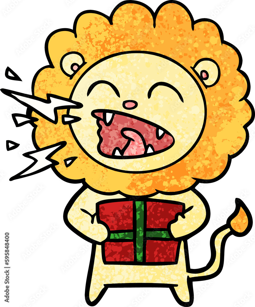 Fototapeta premium cartoon roaring lion with gift