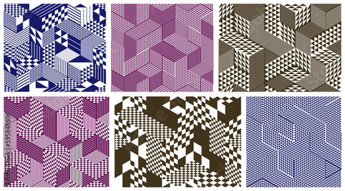 Seamless cubes vector backgrounds set, rhombus and triangles boxes repeating tile patterns, 3D architecture and construction, geometric designs.