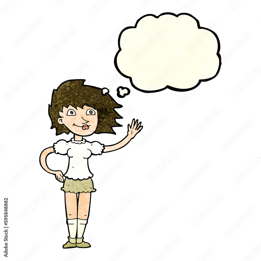 cartoon woman waving with thought bubble cartoon woman waving with thought bubble