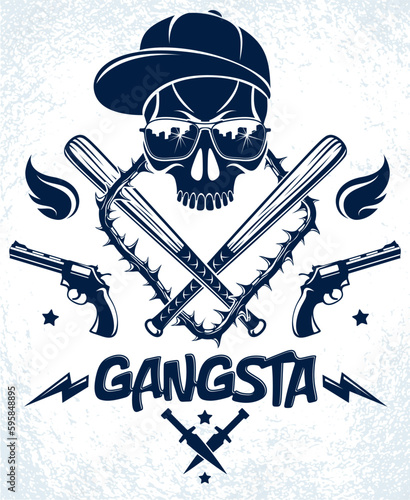 Gangster emblem logo or tattoo with aggressive skull baseball bats and other weapons and design elements, vector, criminal ghetto vintage style, gangster anarchy or mafia theme.