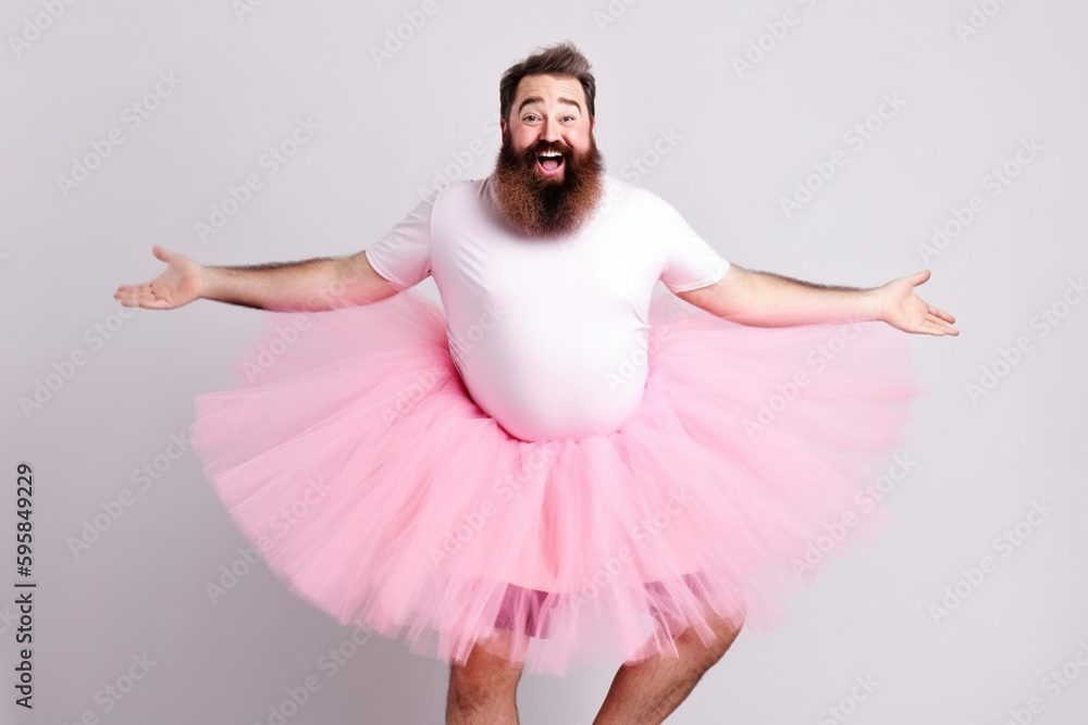 Funny man with big belly in fairy ballerina dress. Generative ai. - obrazy, fototapety, plakaty 