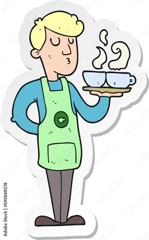 sticker of a cartoon barista serving coffee sticker of a cartoon barista serving coffee