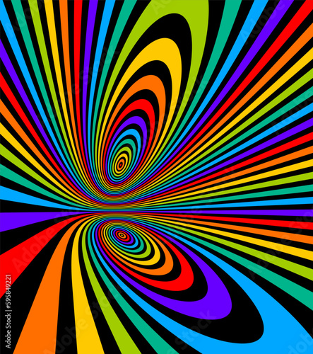 Colorful rainbow abstract vector lines psychedelic optical illusion illustration, surreal op art linear curves in hyper 3D perspective, crazy distorted design, drug hallucination delirium,