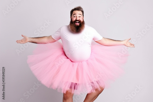 Funny man with big belly in fairy ballerina dress. Generative ai.