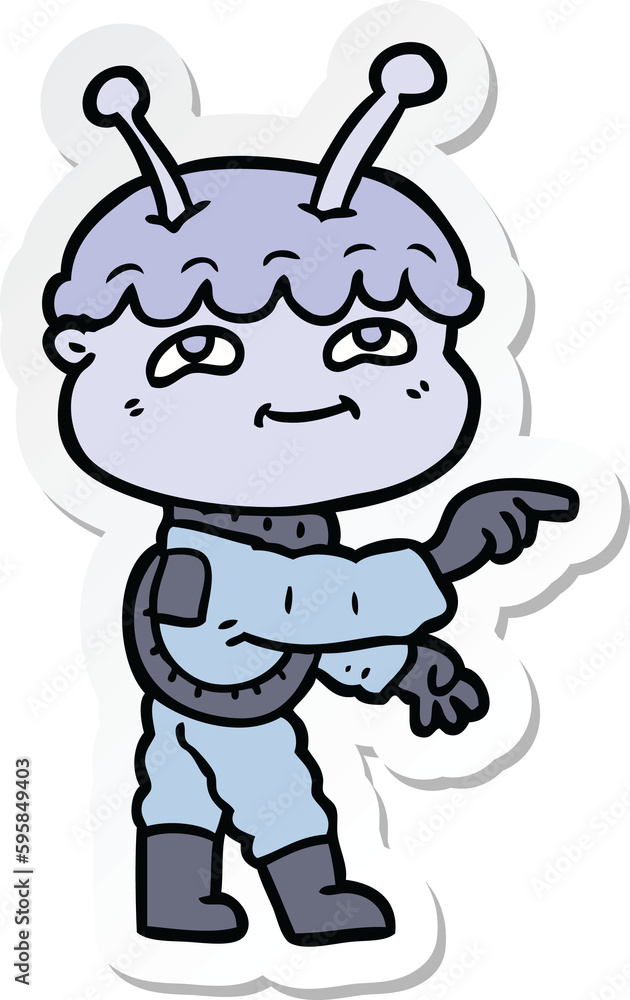 sticker of a friendly cartoon spaceman pointing sticker of a friendly cartoon spaceman pointing