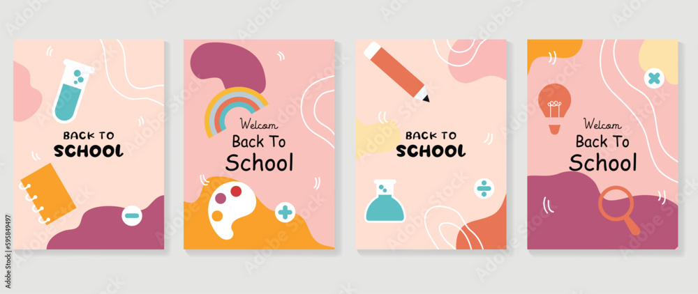Welcome back to school cover background vector set. Cute childhood illustration with book, lab tube, color plate, pencil, mathematical symbols. Back to school collection for prints, education, banner.