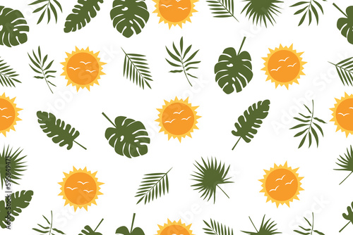 Seamless pattern of abstract leaves and the sun. Vector drawing of tropical leaves. Trendy botanical elements for your design. Vector