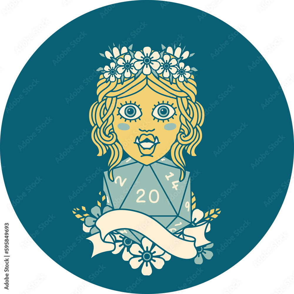 Retro Tattoo Style half orc druid character with natural 20 dice roll Retro Tattoo Style half orc druid character with natural 20 dice roll