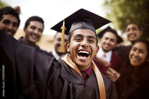 Young male hispanic graduate student against university background, AI generated