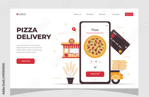 Food online order smartphone. Pizza delivery. Food delivery concept for banner, website design or landing web page.