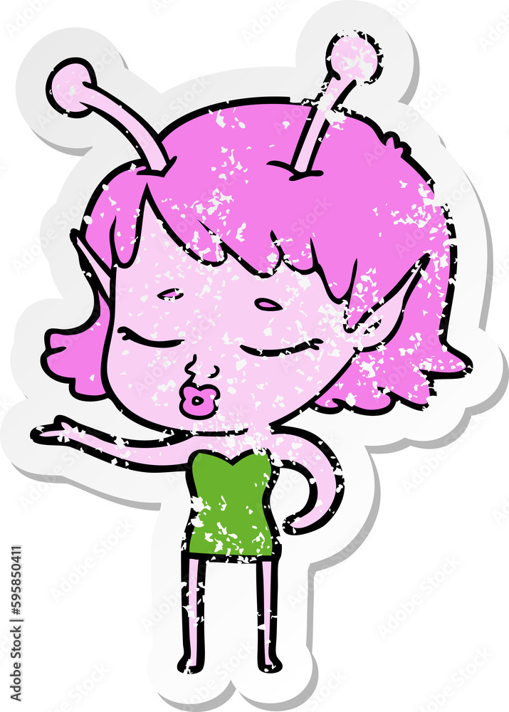 distressed sticker of a cute alien girl cartoon distressed sticker of a cute alien girl cartoon