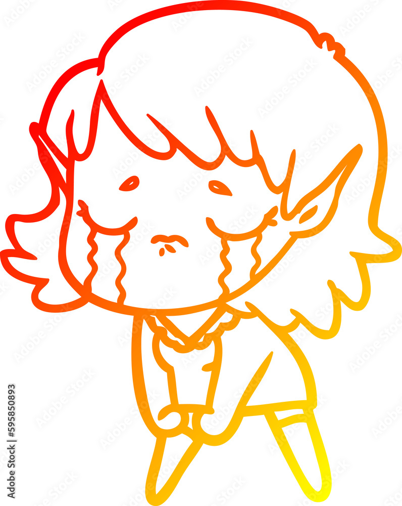 warm gradient line drawing of a cartoon crying elf girl warm gradient line drawing of a cartoon crying elf girl